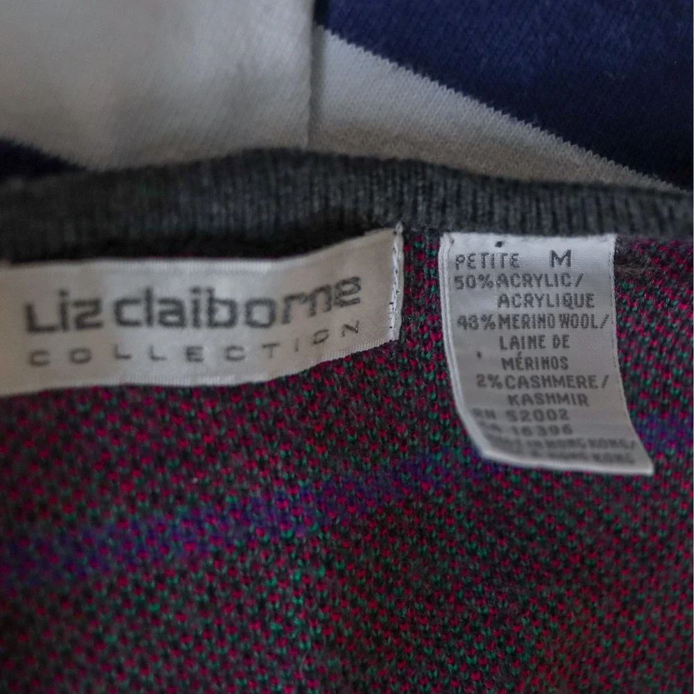 Vintage Liz Claiborne Wool Cashmere Blend Cardigan 80s 90s Plaid Grid Sweater M‎